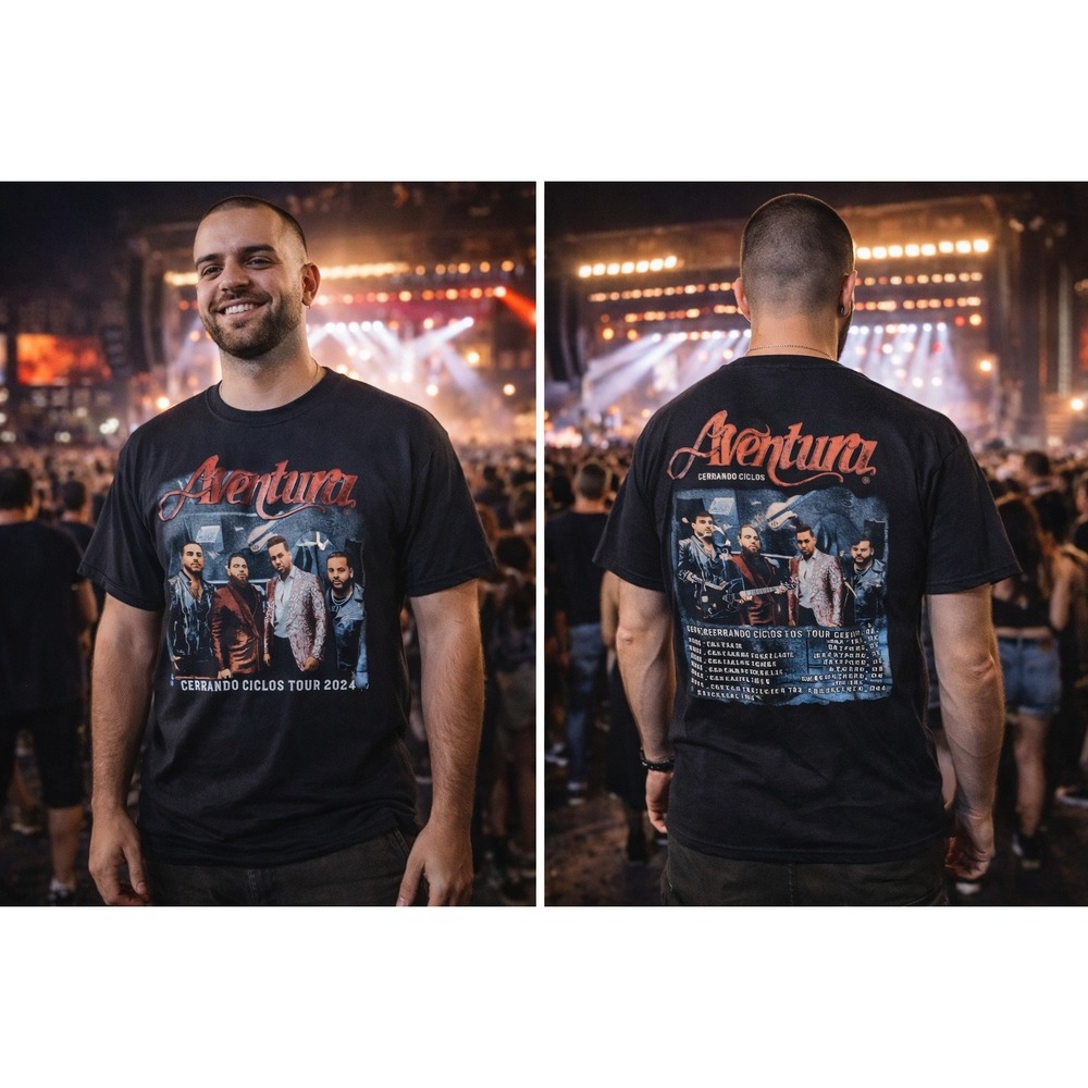 Aventura Cerrando Ciclos Tour 2024 T-Shirt Black Graphic Concert Tee Mens Large‎